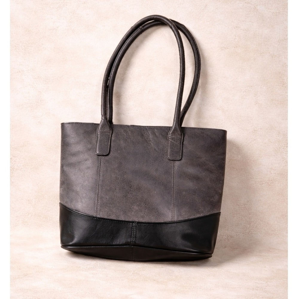 AmeriLeather Two Tone Leather Tote Metallic Gray Black Shoulder Bag Work Purse